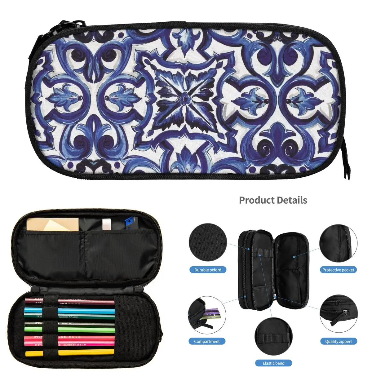 Blue Ornate Floral Mediterranean Sicilian Tile Pencil Cases for Student School Pen Box Pencil Bag Large Storage Pencil Pouch