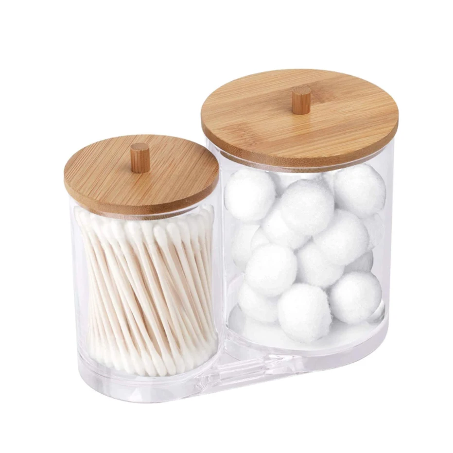 Bathroom Acrylic Storage Box Jar Makeup Organizer Cotton Round Pad Holder Cotton Swab Box Qtip Holder Dispenser with Bamboo Lid