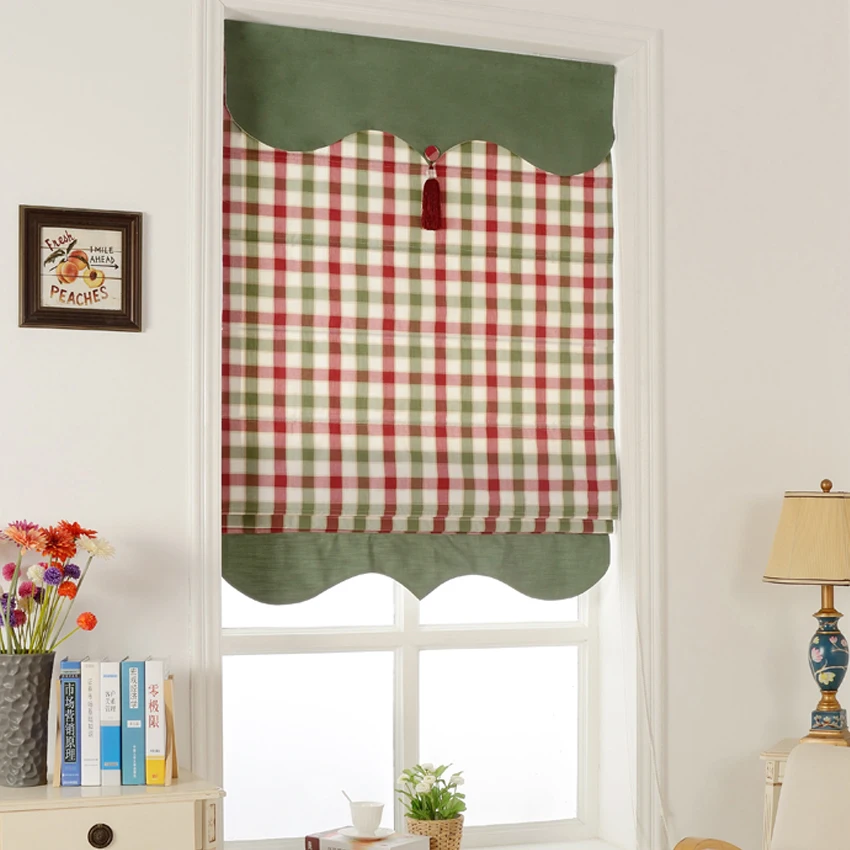 

Fashion Motorized/Cord Green and Red Plaid Flat Roman Shades With Hardware Included Custom Window Curtains For Living Room