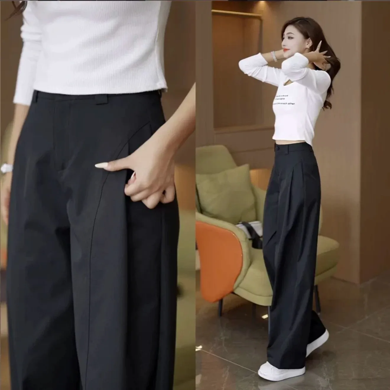 Autumn High Waist Wide Leg Pants Women's Side Pleated Loose Slim Accordion Pants Narrow Version Casual Straight Leg Pants