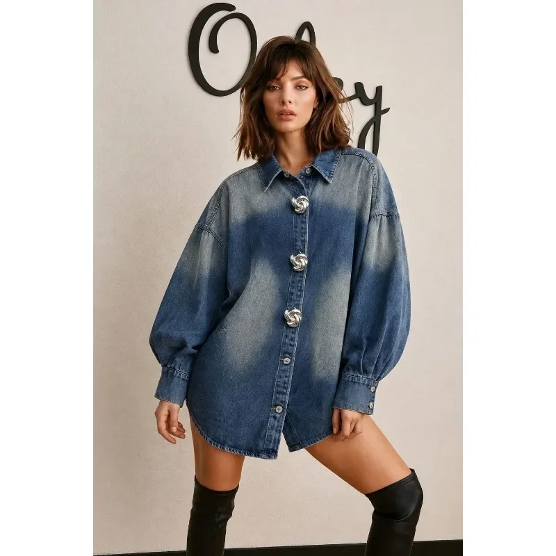 Vintage Big Button Loose Casual Jean Shirt Autumn Winter Streetwear Top Women Oversized Denim Shirt, Gradient Long Sleeve Blouse