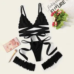 3PCS Lace Garter Lingerie Set Women Intimates 2024 Underwire Bra And Thongs Ladies Underwear Set Sexy Costumes