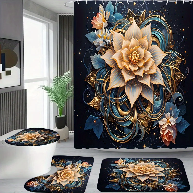 

4pcs Elegant Floral Pattern Shower Curtain Set with 12 Hooks, Golden & Blue Design, Includes U-Shaped Toilet Mat & Round Bat
