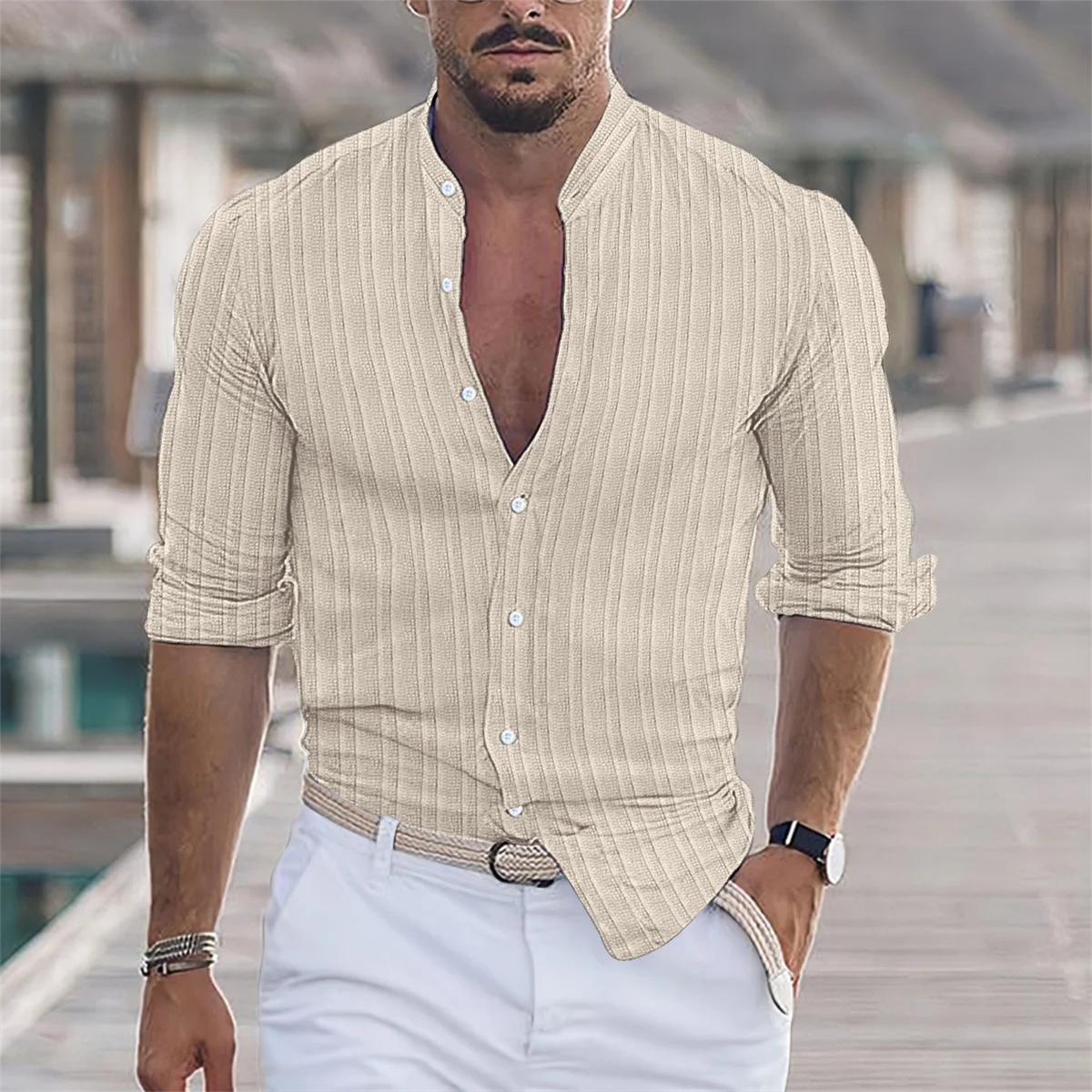 Autunno uomo tinta unita manica lunga colletto alla coreana casual a righe jacquard camicia allentata alla moda di alta qualità