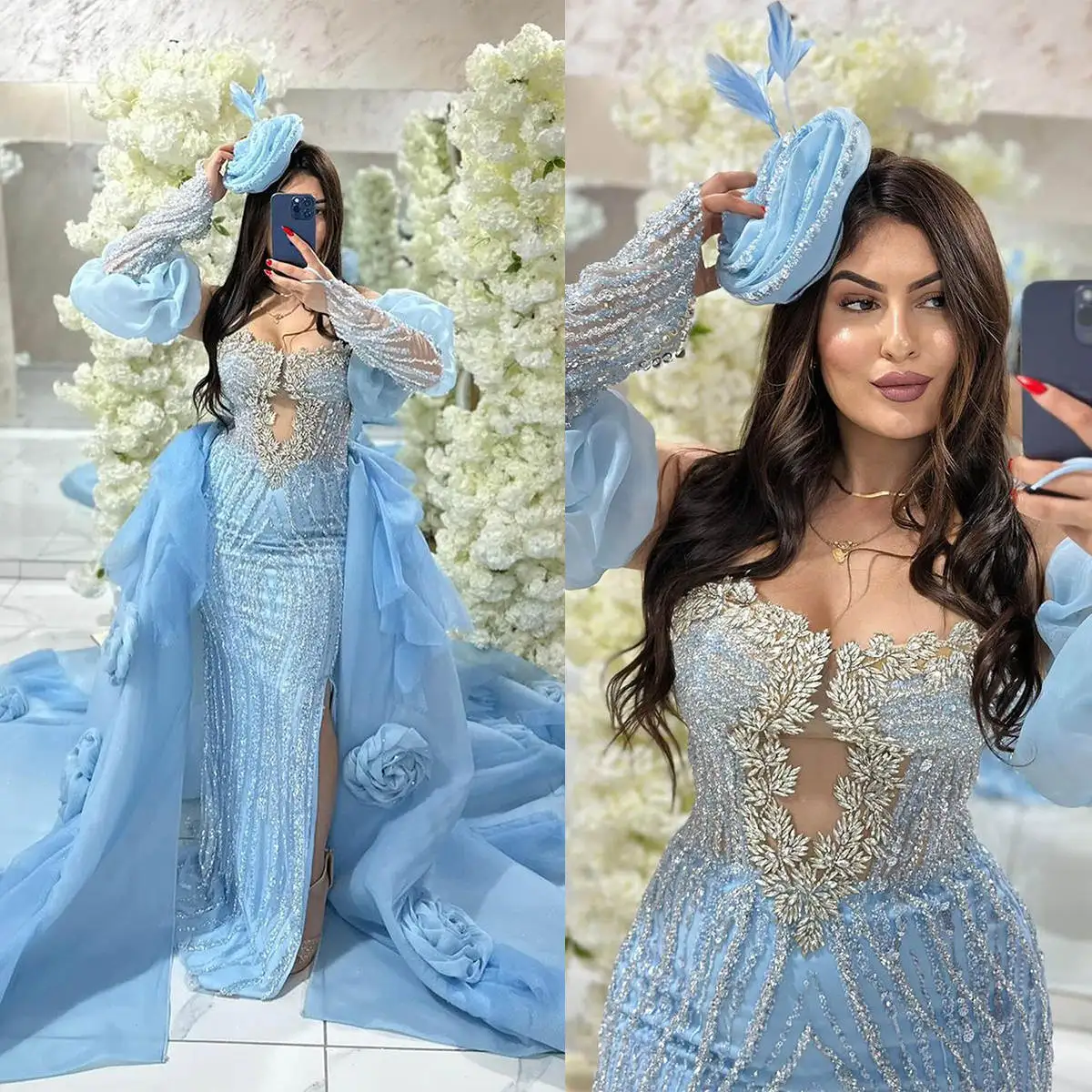 

Modest Sky Blue Prom Dress Elegant Arabic Dubai Sheer Neck Beading Long Sleeve Holiday Women Wear Formal Party Evening Gown