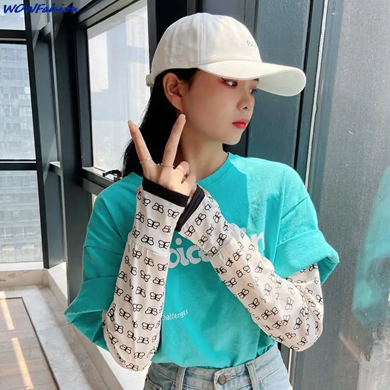 Summer Sunscreen Driving Ice Silk Sleeve Female Long Length UV Protection Hand Protector Printed Sleeve Arm Glove Ice Sleeve