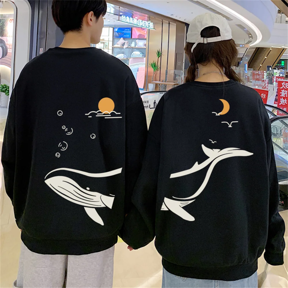 

500G High Quality Cotton Whale Print Casual Loose Women Men Couple Hoodies Sweatshirts Spring Autumn Long Sleeve Pullovers