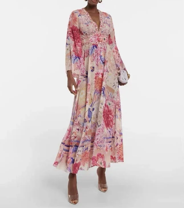 

Robe for Ladies 2024 New Spring Summer 100% Silk Flower Beaded Printed V-Neck Flare Casual Long Sleeve Maxi Dress