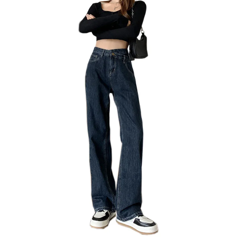 

Blue Grey Irregular High Waist Wide Leg Cross Jeans Womens Slim Net Red Casual Loose Straight Floor Pants for Women