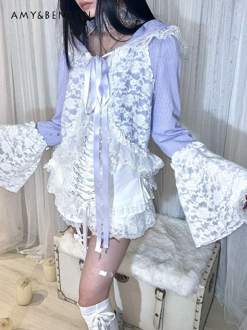 Cardigan court gothique en dentelle pour fille, manches cloche imprimées, à volants, col en v, Style Lolita japonais, tricoté à capuche, fin