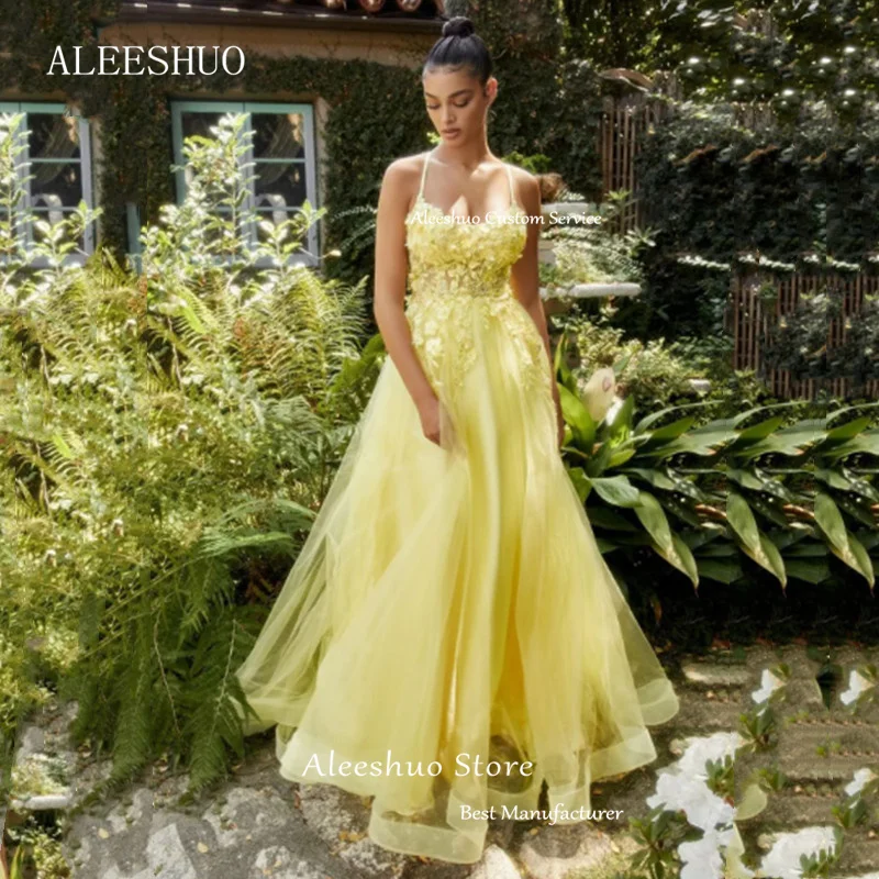 Aleeshuo Elegant Lady Organza a-line Prom Dress abito da sera senza maniche Applique Spaghetti Strap Party Dress muslimex squars