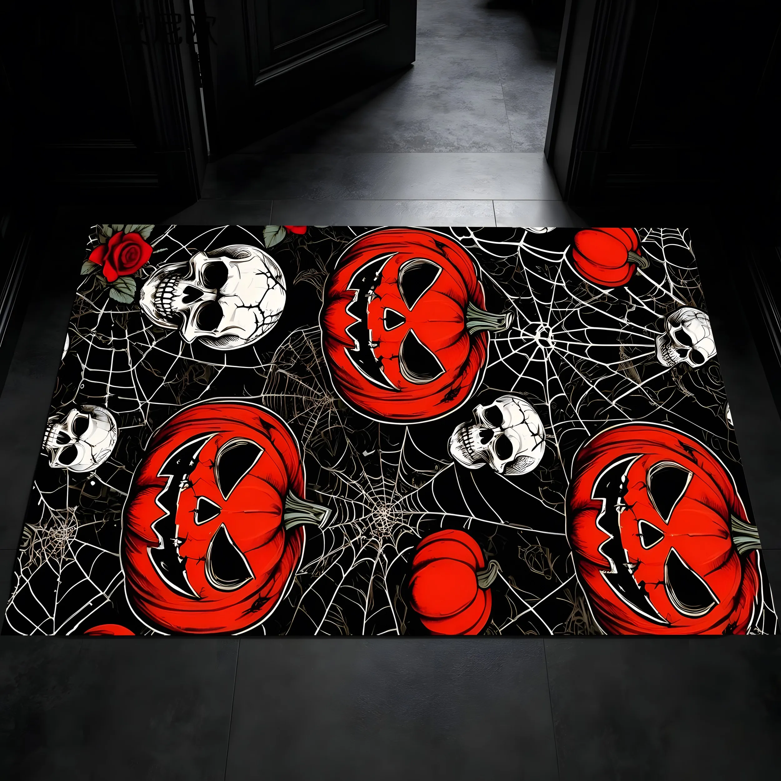 Velvet Pumpkin Skull Spider Web Dark Halloween 2D Rug for Living Room Bedroom Party, Autumn/Winter