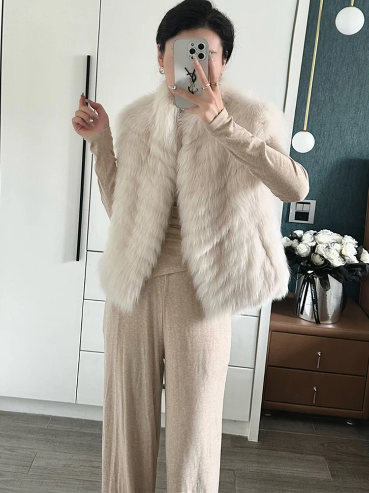 2025 Autumn Winter Warm Women's Vest Real Natural Fox Fur Strip Sewed Toghter Coat Thick Short Waistcoat Luxury Female Jacket