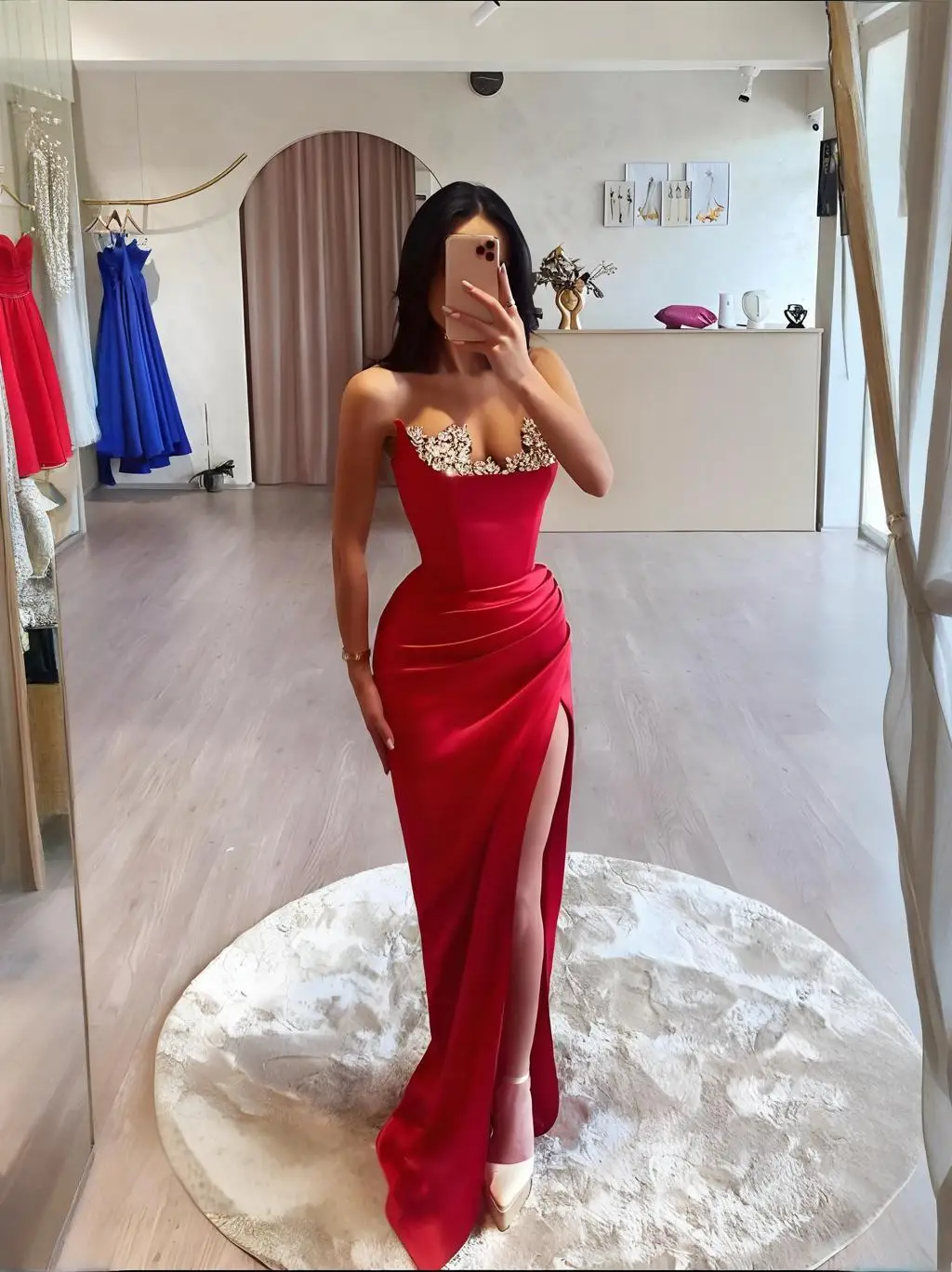 

Elegant Red Mermaid Prom Dresses Beaded Crystal Side Slit Long Evening Dresses Sweetheart Backless Party Gowns robe de soiree