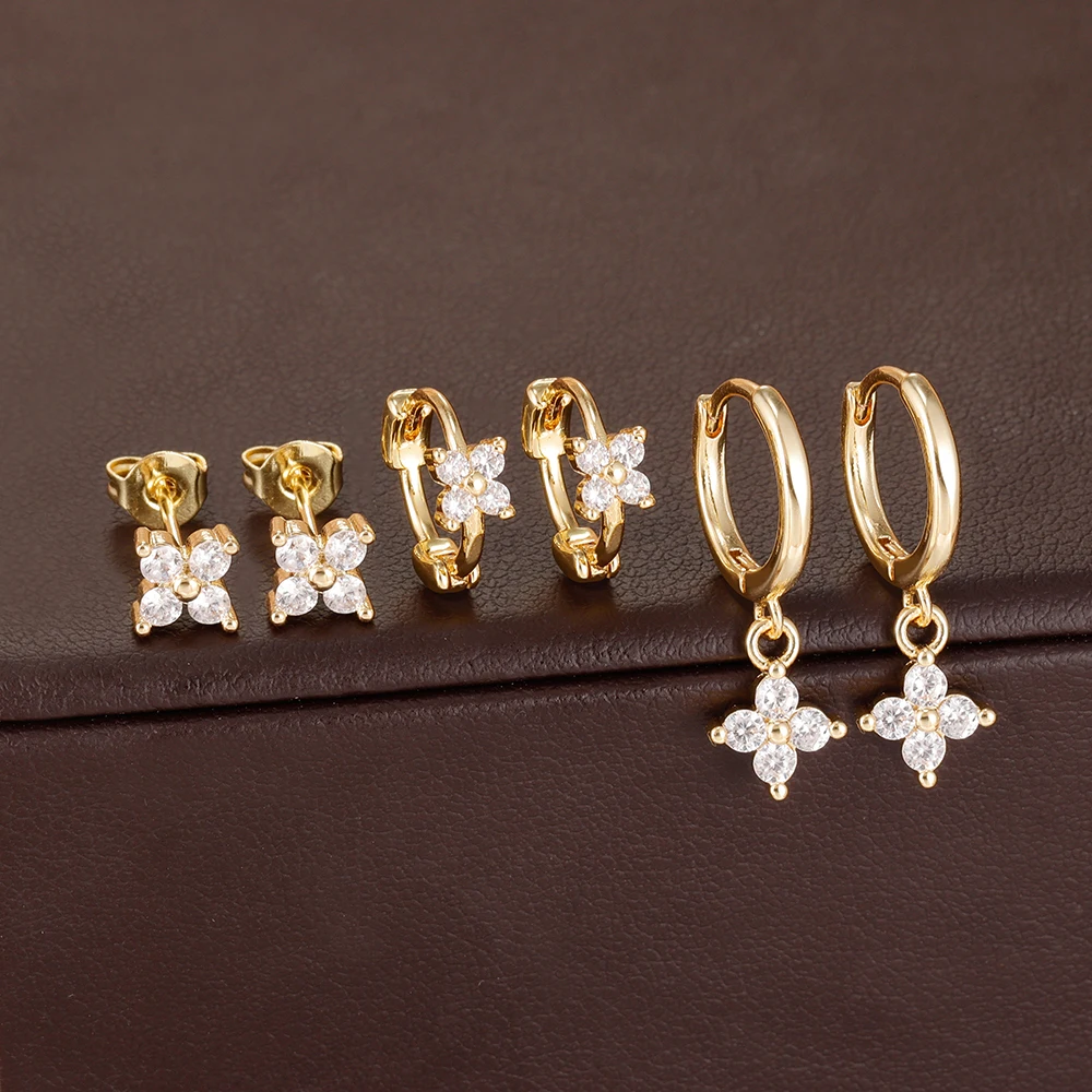 6PCS Simple Zircon Flower Hoop Earrings Sets For Women 14K Gold Plated Tiny Huggies Cartilage Stud Earring Piercing Jewelry Gift
