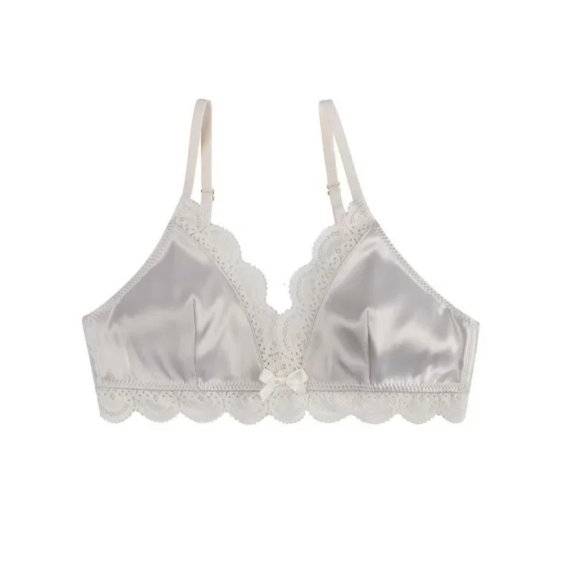Women Triangle Cup Bow Lace Bra Korean Style Small Chest Satin Underwear Sweet Girl Breathable Comfortable Soft Sexy Bras image 2