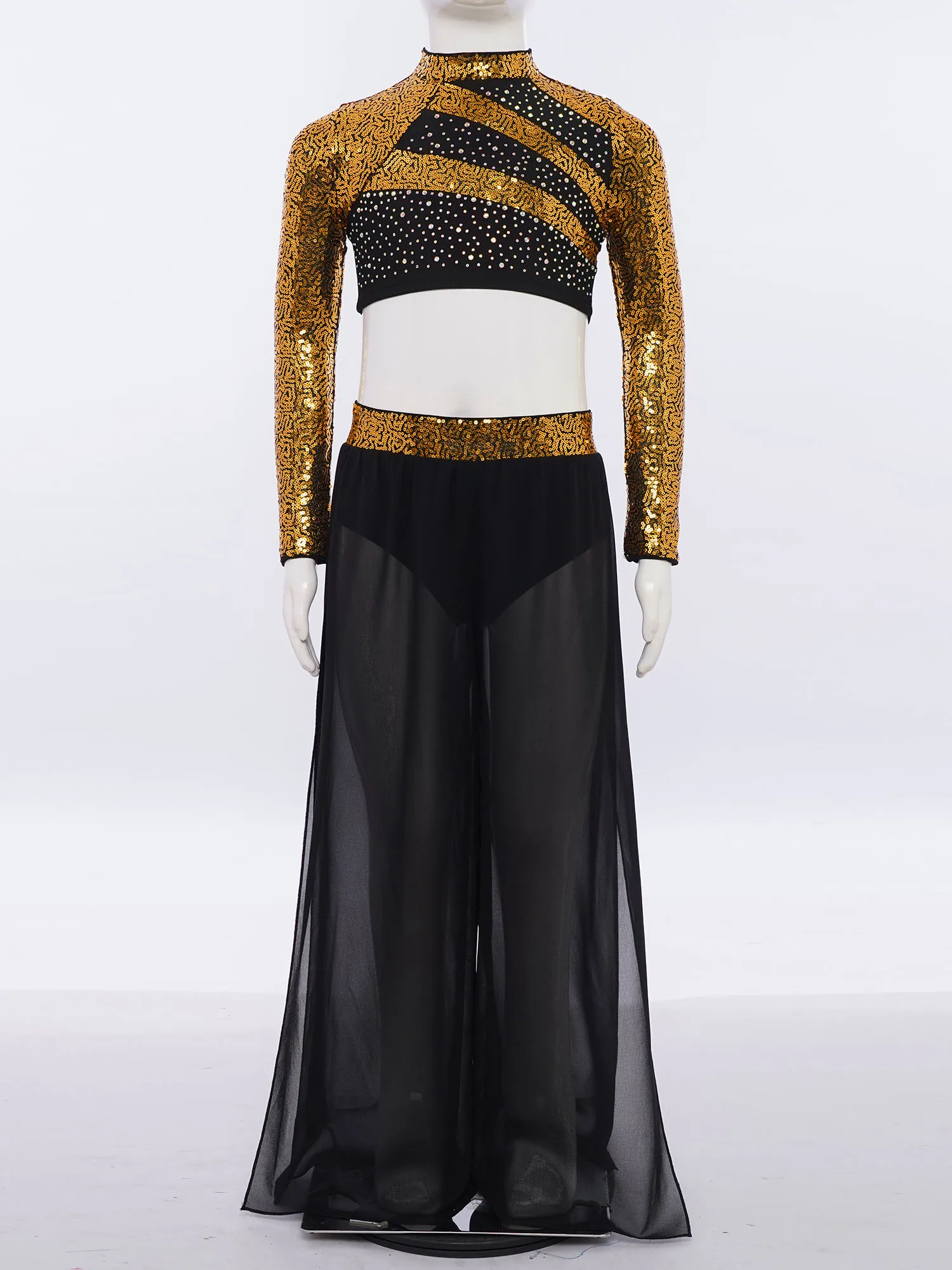 

Kid Girls Lyrical Jazz Dance Costume Outfit Cheer Modern Dancewear Choir Stage Sets Long Sleeve Sequins Crop Top with Mesh Pants