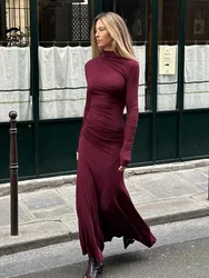 Vestido ceñido con cuello simulado para mujer, maxivestido plisado de manga larga con dobladillo, color liso, elegante, para fiesta de otoño, 2024