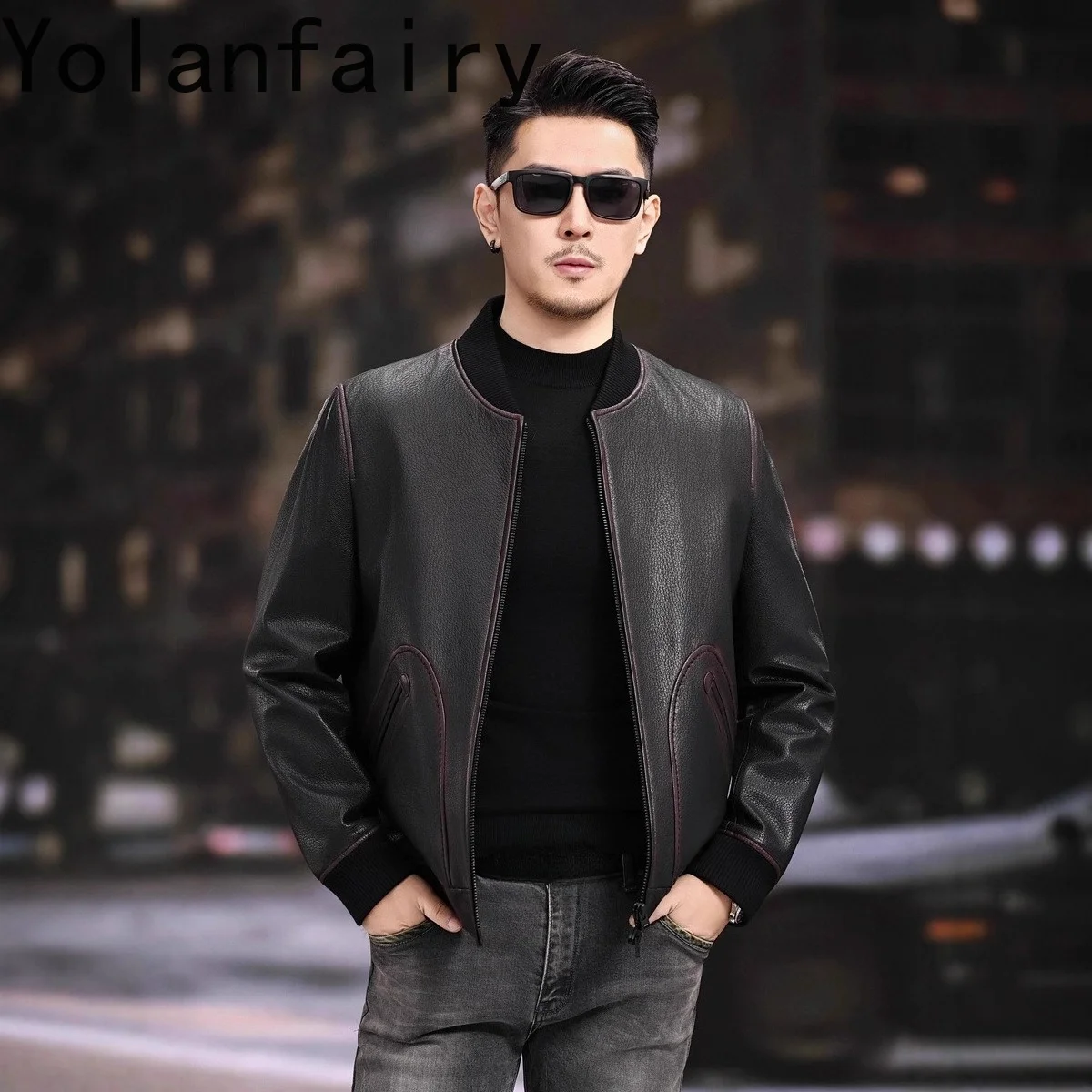 YOLANFAIRY Top Quality 100% Genuine Leather Jacket Men Baseball Collar Fashion Business Real Goatskin Leather Coat Man Slim-fit