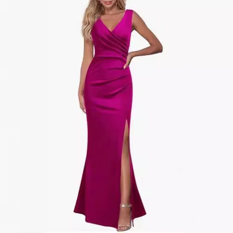 -border Women's sleevelessslit evening dress cocktail party dress 2024