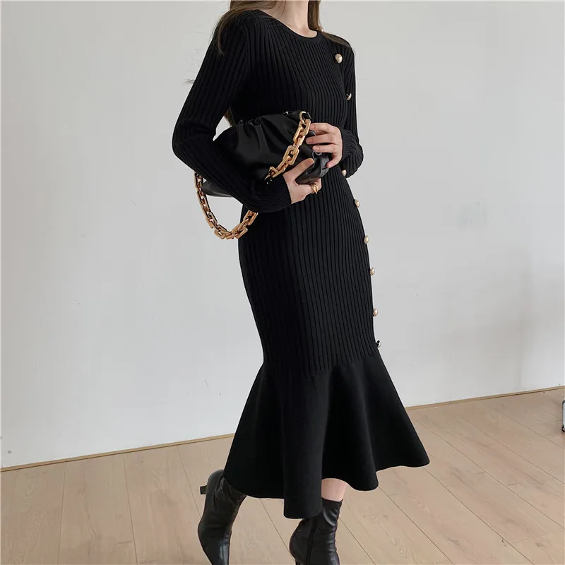 

Autumn Warm Korean Woman Elegant Clothing Knitted Vintage Dresses Sweater Dress Women Winter Vestido Feminino Thick Solid 2022