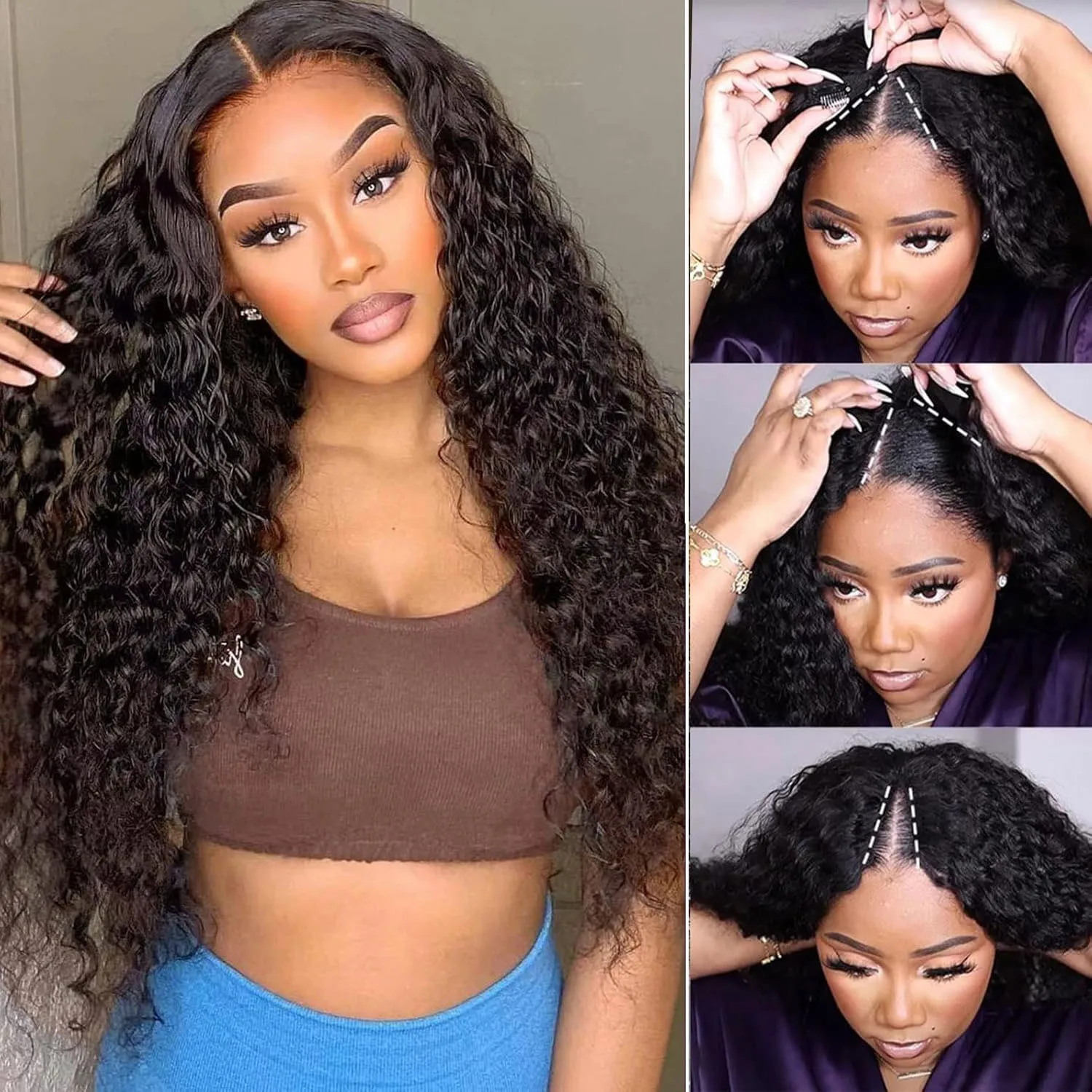 موجة عميقة الخامس جزء شعر مستعار شعر الإنسان لا خياطة في لا الغراء 220 الكثافة اللون الطبيعي مجعد الشعر البرازيلي للنساء السود 30 بوصة لا الدانتيل #2