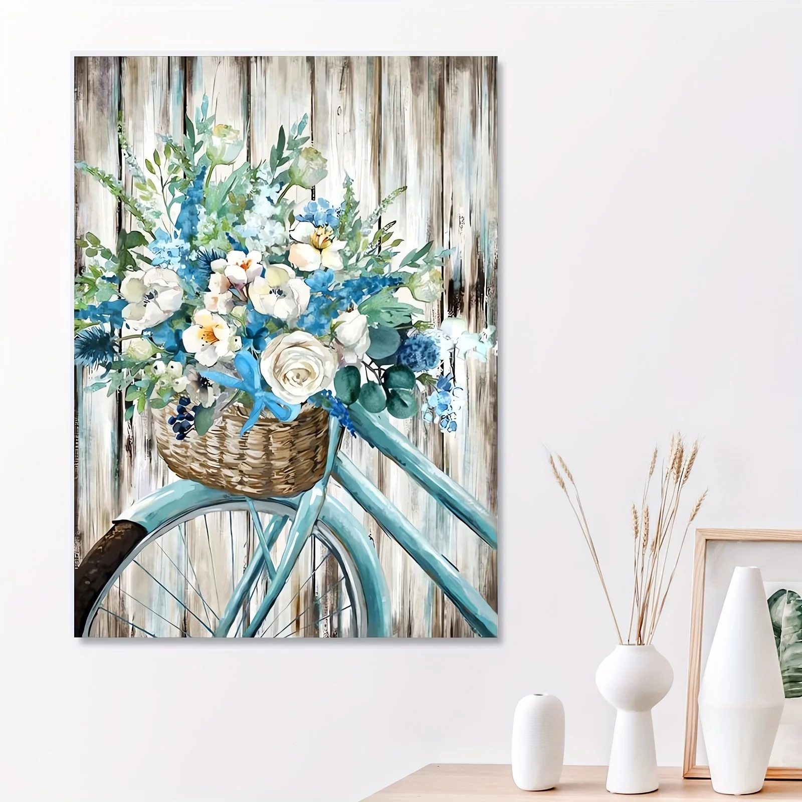 1pc Blue Retro Bike Canvas Poster,Decor Wall Art Rural Style Flower Basket Artwork For Farmhouse Dining Room,Bedroom,No Frame