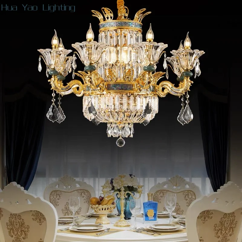 French Style All Copper Living Room Crystal Chandelier European Style Duplex Hall Luxurious And Atmospheric Villa Lamp