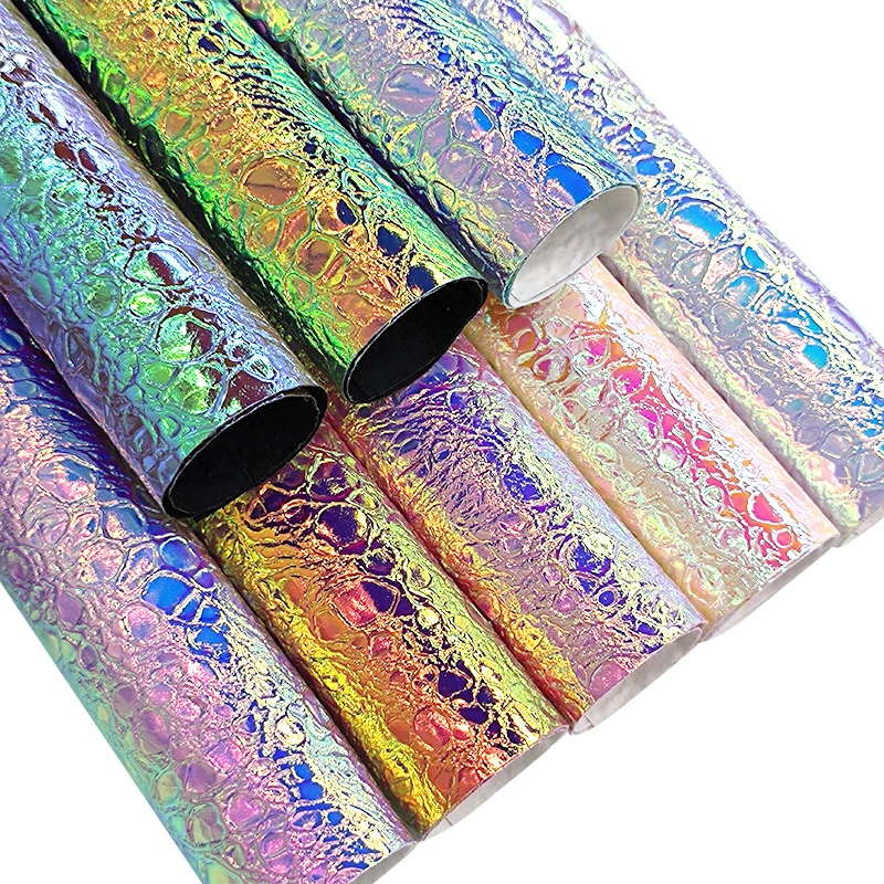 Iridescent Vinyl Fabric Holographic Alligator Synthetic Fabric 30x135cm Embossed Animal Texture Iridescent For Gift Decoration