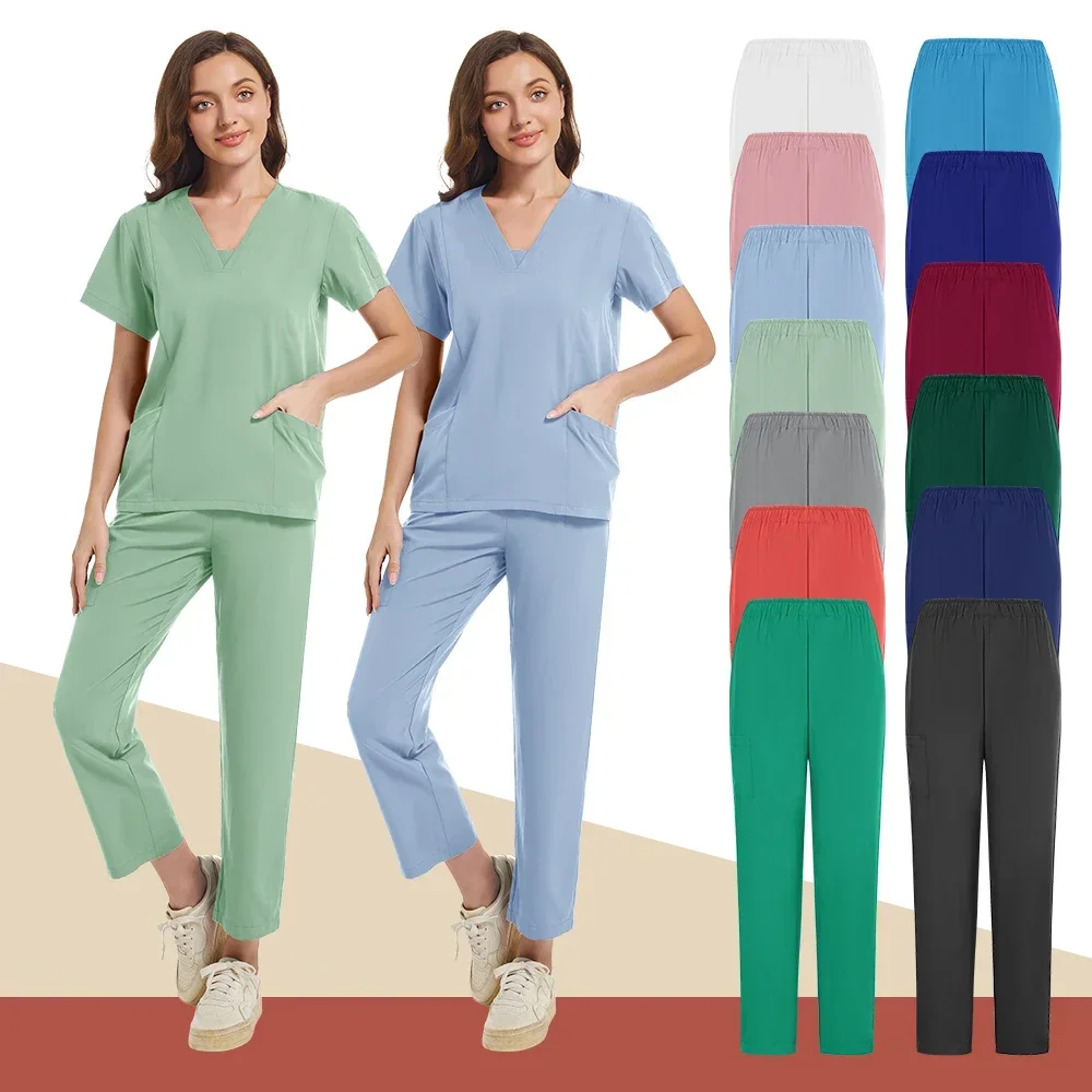 Nurse Medical Uniform High Quality Pet Grooming Care Workwear Set Scrubs Operating Room Surgical Gown Short Sleeve Elastic Pants