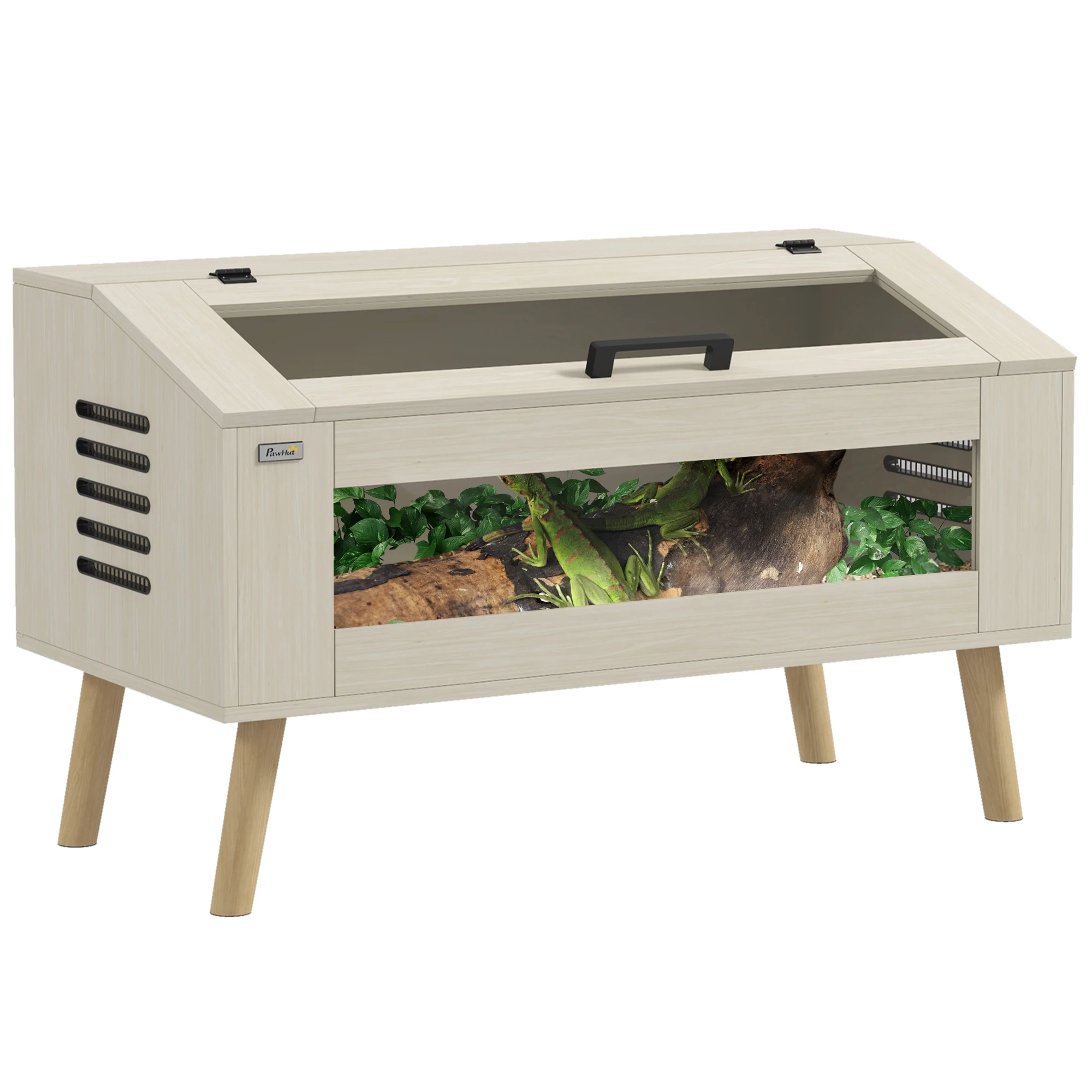 Pawhut Reptielenterrarium met gehard glazen ramen, scharnierend deksel, ventilatie, terrarium voor slangen, hagedissen, hoornhagedissen, kameleons, hamsters en gerbils, 100x50x60 cm, eikenhout