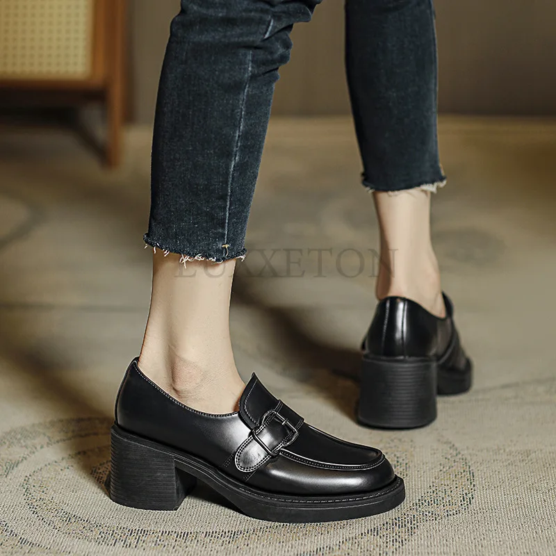 Women Shoes New Retro Single Thick Heel Shoes Increased Thick Bottom British S Mall Leather Women SHoes Size