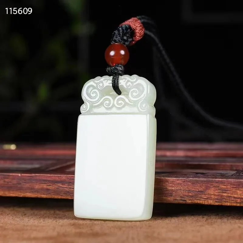 

Natural 100% real white hetian jade carve moiré bless peace pendant jewellery Handle piece for men woman gifts good luck