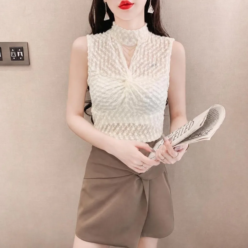 Elegant High Neck Lace Tank Top Sleeveless Slim Fit Twist Front Vest Lace Trim Frill Trim Mesh Camisole Autumn Layering
