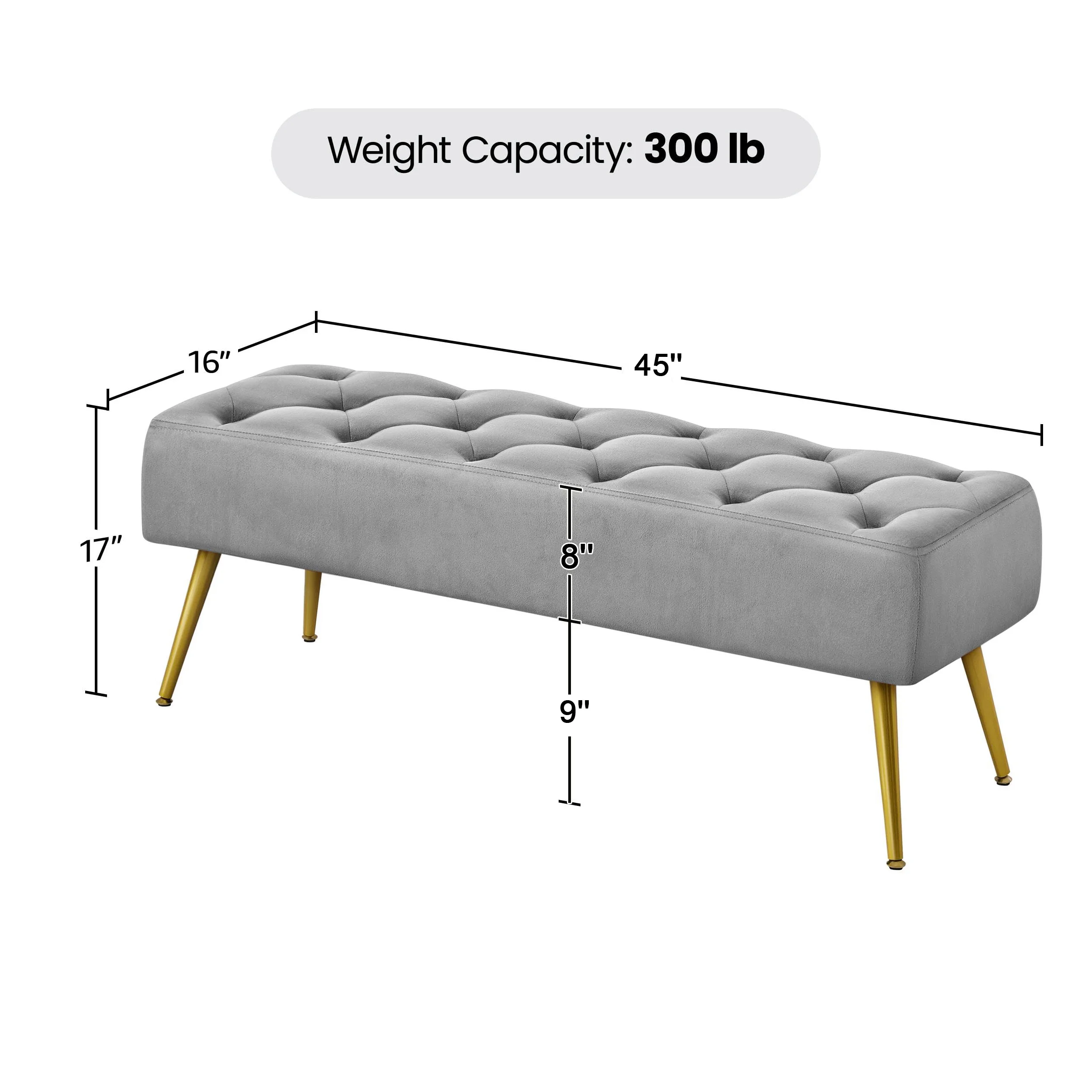 Velvet Footstool Bench Upholstered Ottoman, Button Tufted Storage Stool for Living Room, Sofa Footrest with Metal Legs, Gray
