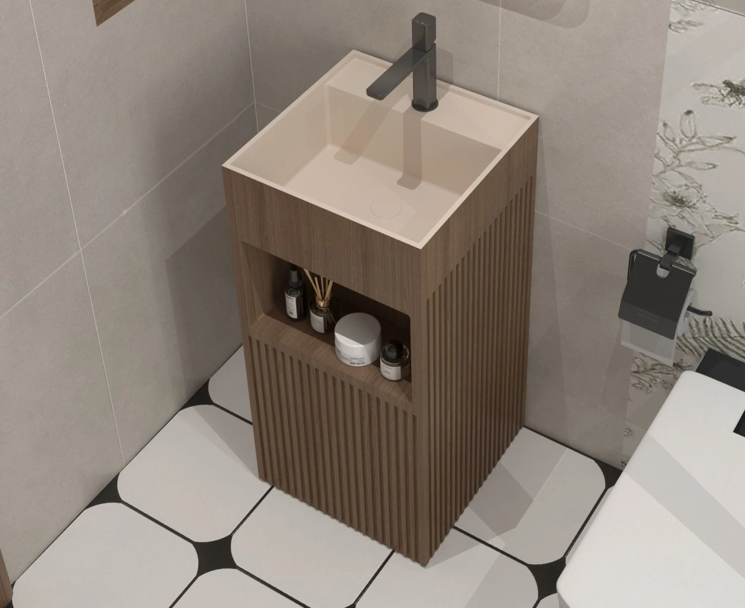 Mcm column basin all-in-one floor-standing wash basin walnut texture can store for homeretro bathroom balcony
