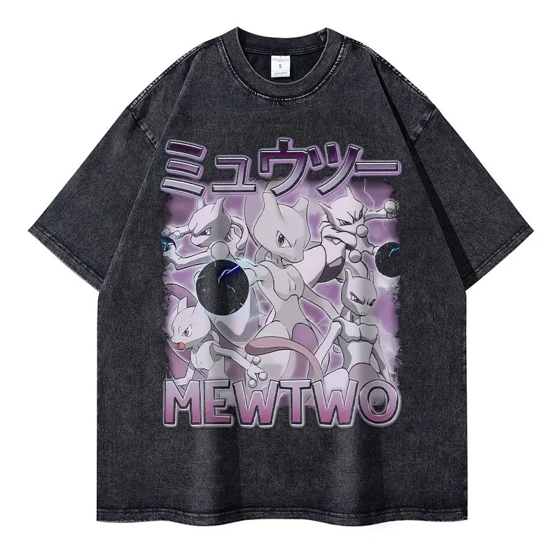 

Mewtwo T Shirts Vintage Washed Anime P-Pokemon T-shirt Retro Streetwear Manga Pikachu Snorlax Squirtle Gengar Tops Tees Men