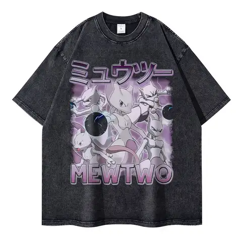 Mewtwo T Shirts Vintage Washed Anime P-Pokemon T-shirt Retro Streetwear Manga Pikachu Snorlax Squirtle Gengar Tops Tees Men
