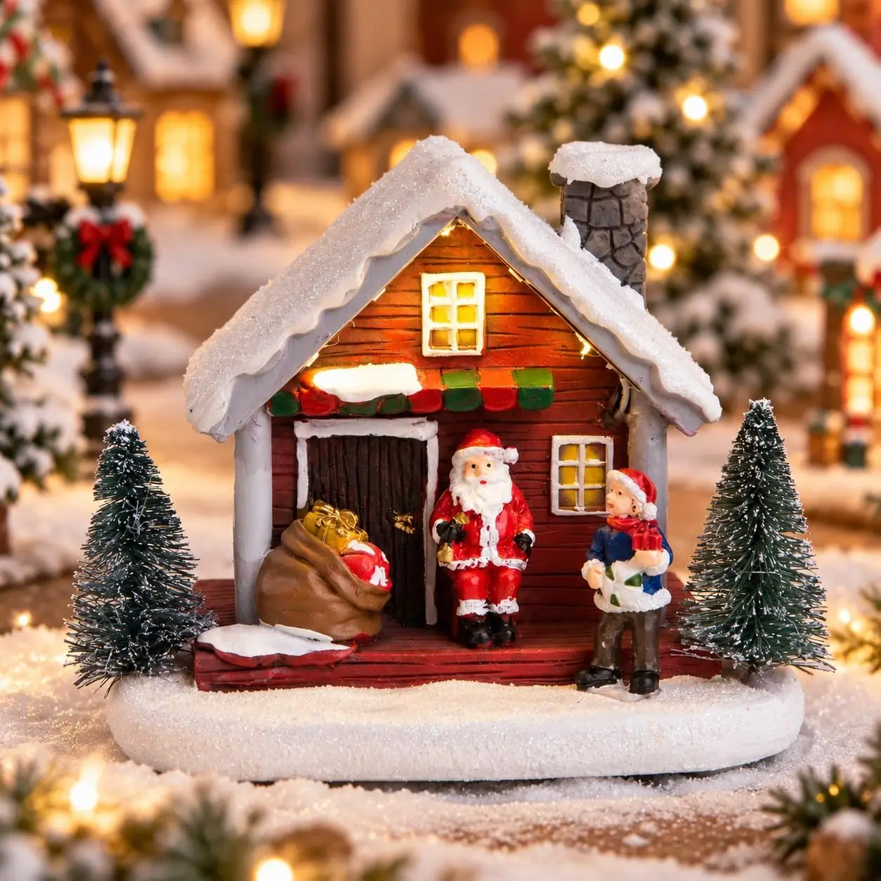 Weihnachtsdorf-Szene Schneehaus Beleuchtete Weihnachtsmann-Figur Hütte Weihnachtsbaum-Dekoration Warmes Licht Tischdekoration Weihnachtsdekoration – Detail 4