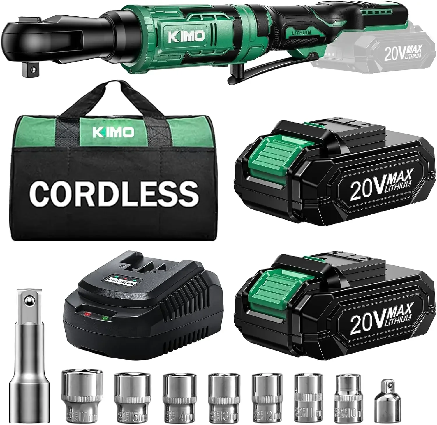 

KIMO 20V Cordless Ratchet Wrench 3/8 Set, 74 Ft-lbs 400 RPM Electric Ratchet Wrench, Battery Powered Ratchet with 7 Sockets