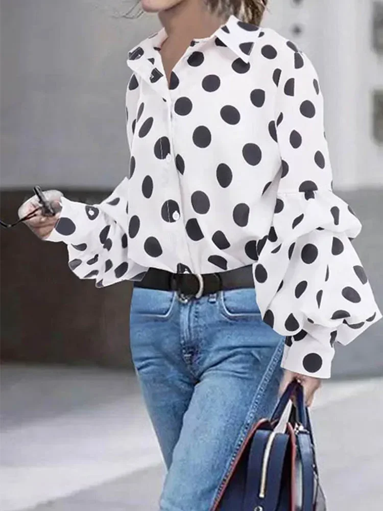 

Yeezzi Urban Female Black White Polka-Dot Lapel Blouses 2025 New Spring Long Sleeves Loose Buttoned Casual Office Shirts Tops