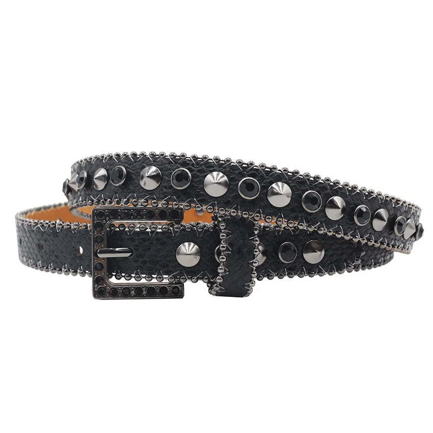 

Женская мода для вечеринок, ночного клуба, ремни с заклепками, черный, белый, со стразами, ремень с шипами, пояс с квадратной пряжкой, кожаный ремень