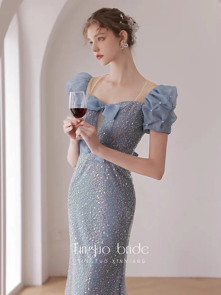 

Blue Prom Dresses Elegant Mermaid Puff Sleeves With Bow Square Collar Sequined Beading Backless Formal Party Evening Gowns 2024