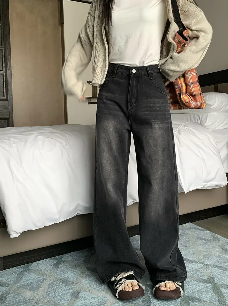 

Американские винтажные модные женские однотонные повседневные модные свободные широкие брюки с высокой талией, прямые простые джинсовые брюки, женские джинсы