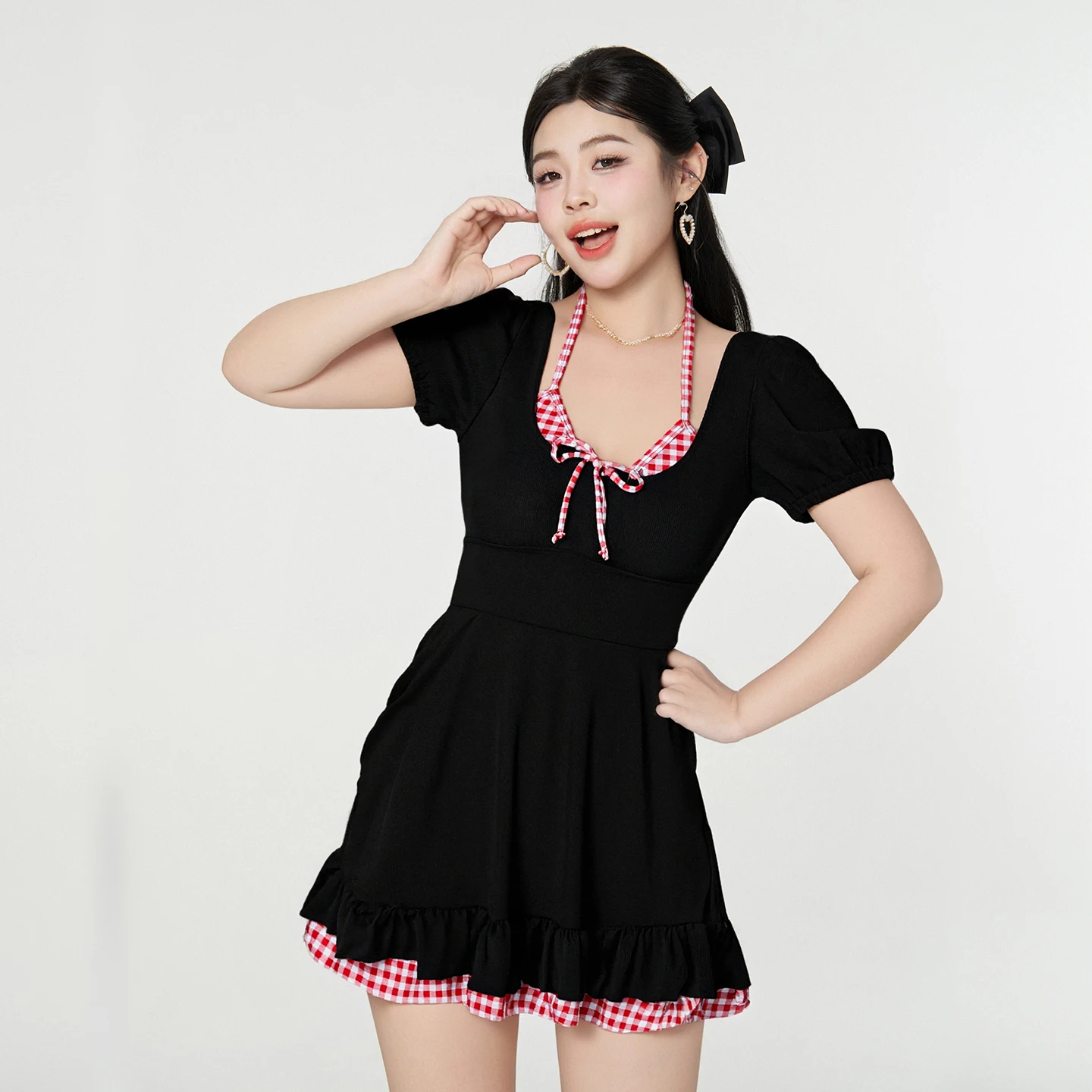 plus Size  Swimsuit for Women Hide Fat Show Slimming Large Size Vintage Style Short Sleeve V Neck Casual Swimwear