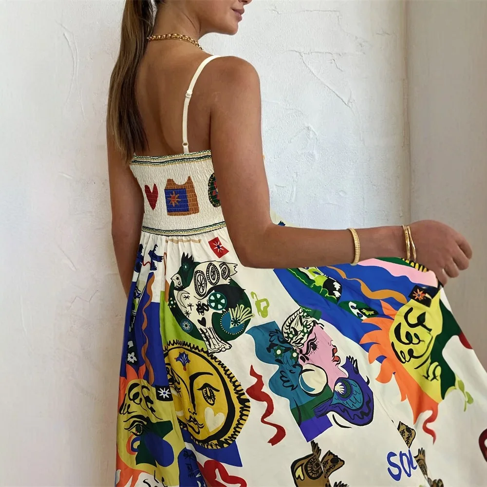 Abito longuette senza spalline con stampa astratta colorata Donna Estate Sun Face Graffiti Boho Beach A-Line Vestito estivo Abiti da festa