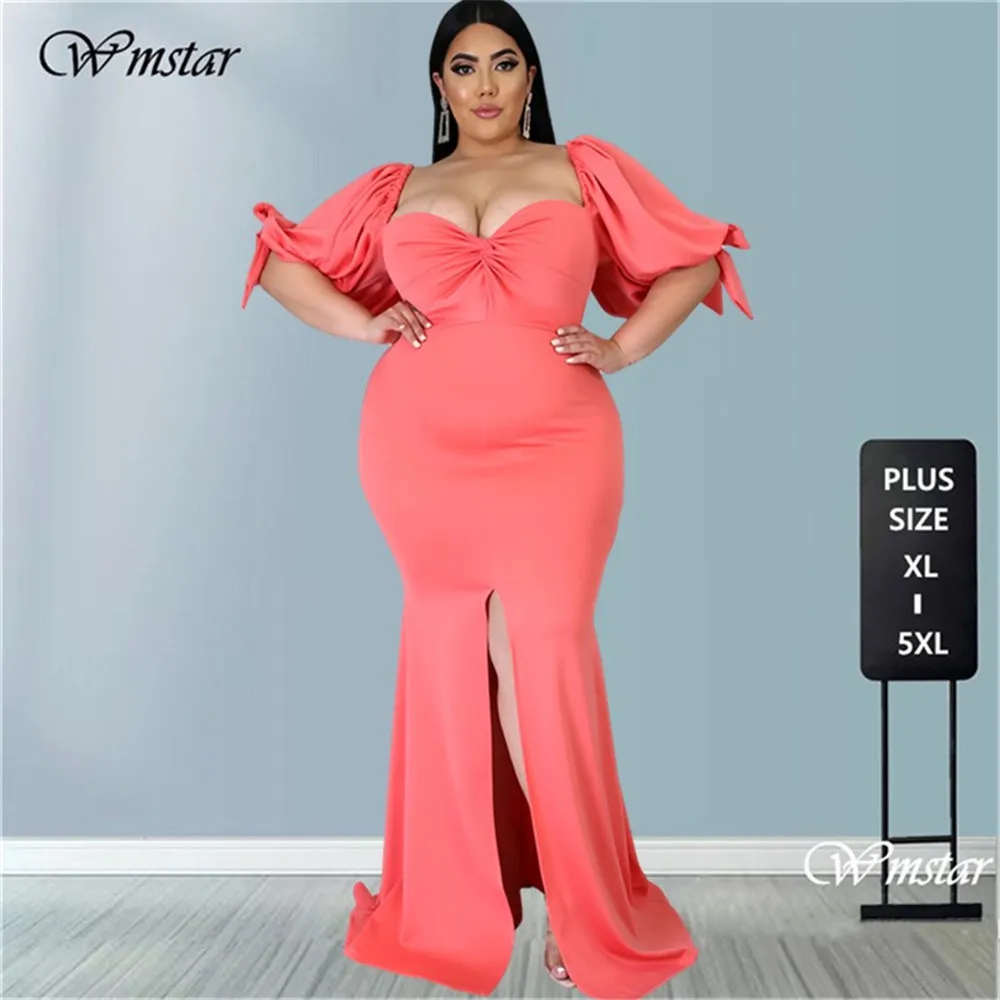 

Wmstar Plus Size Dress Women Party Slip Hem Puff Sleeve Sexy Solid Elegant Maxi Dresses Birthday Outfits Wholesale Dropshipping