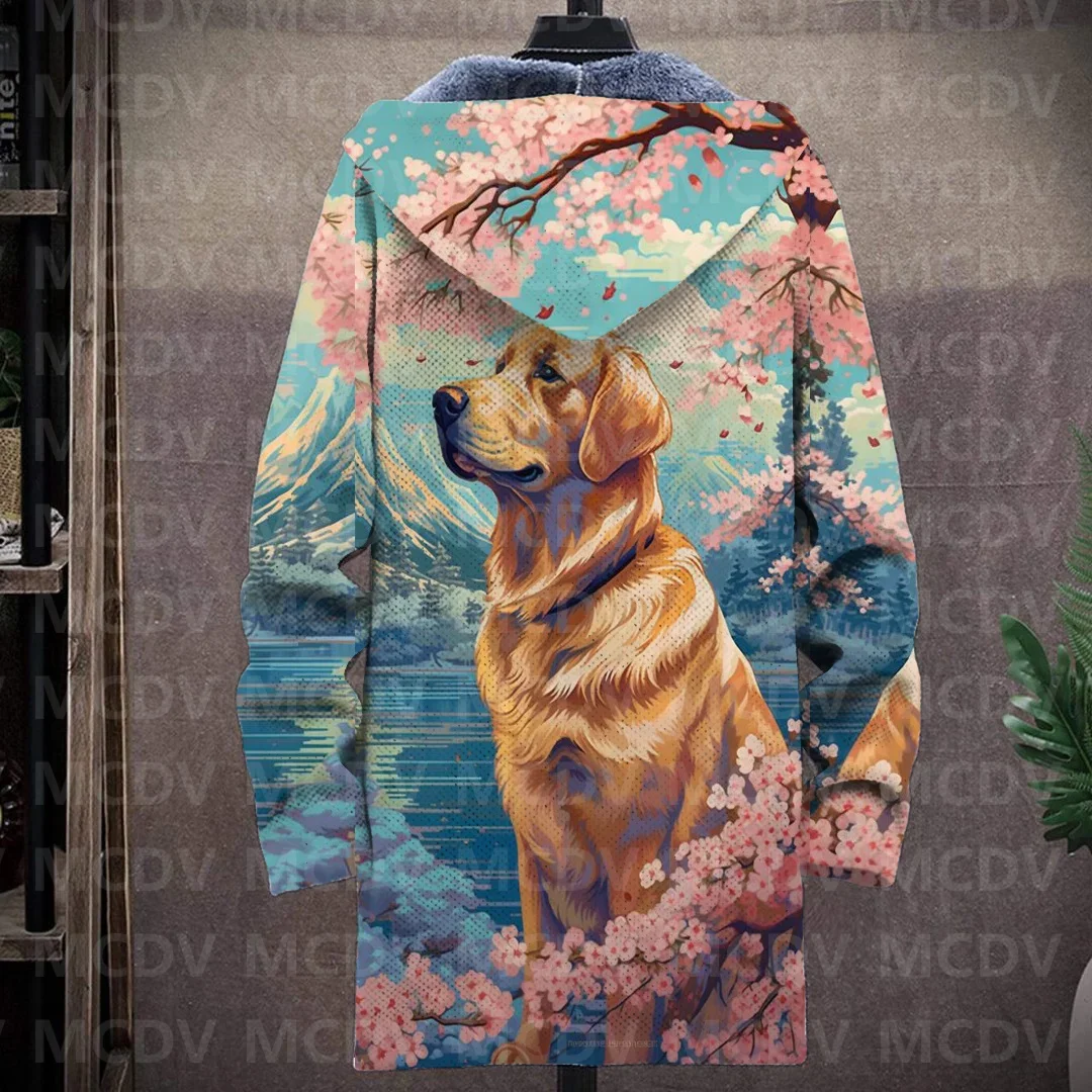 Men's Retro Print Plush Thick Long-Sleeved Coat Cardigan Dog 3D Prined Fleece Hooded Overcoat Unisex Thick Warm Jacket