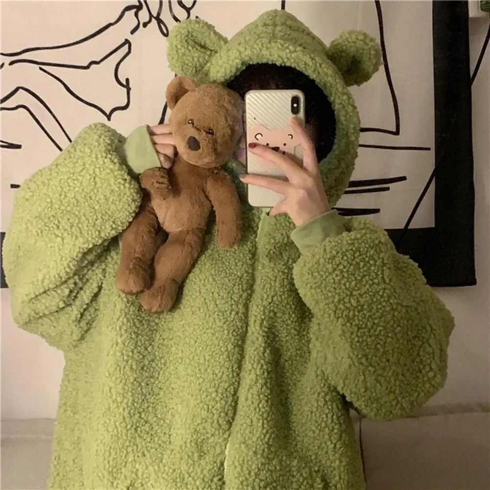 Encantador fofo casaco urso orelhas decoração à prova de vento feminino inverno imitação lambswool casaco quente casaco cardigan macio vestuário