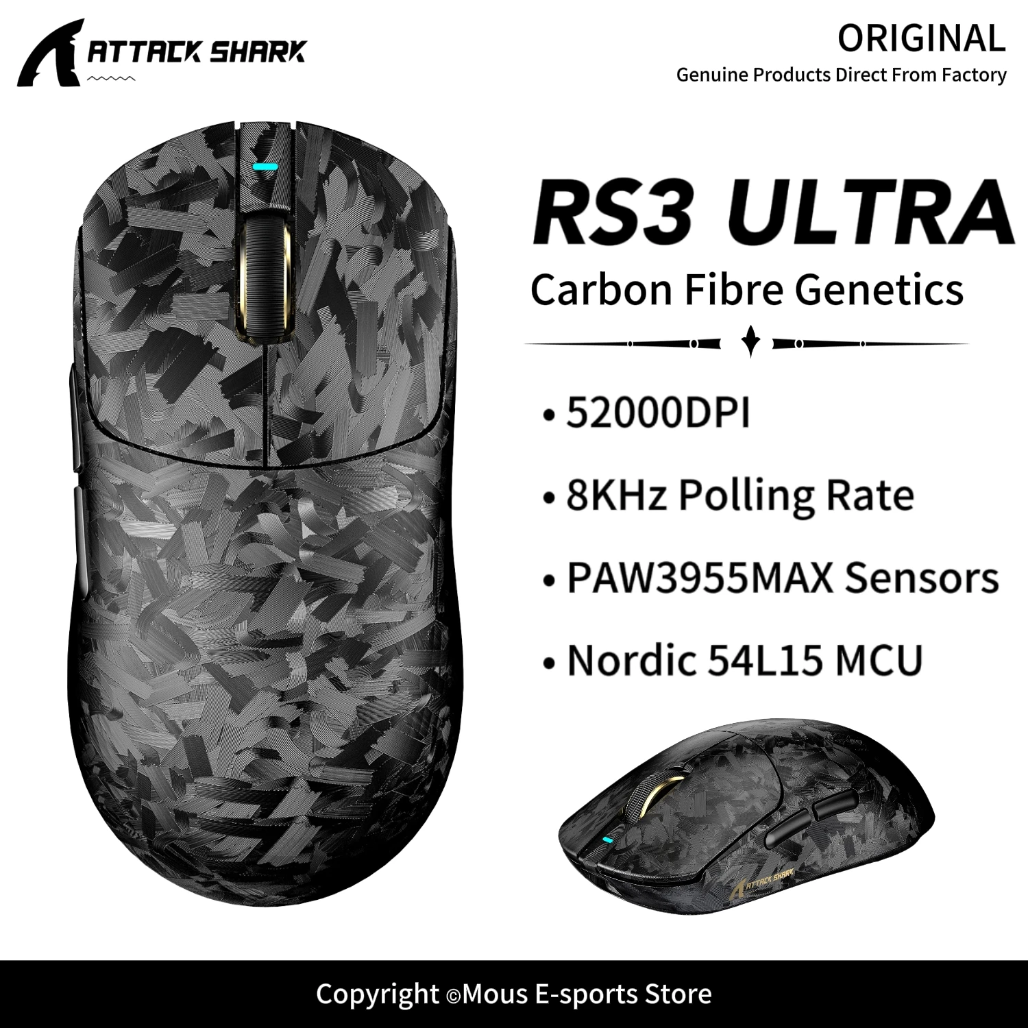 RS3Ultra ATTACK SHARK Wireless Gaming Mouse 8KHz Carbon Composite Shell Omron 100M Switch Web Driver 0.168ms Latency for PC